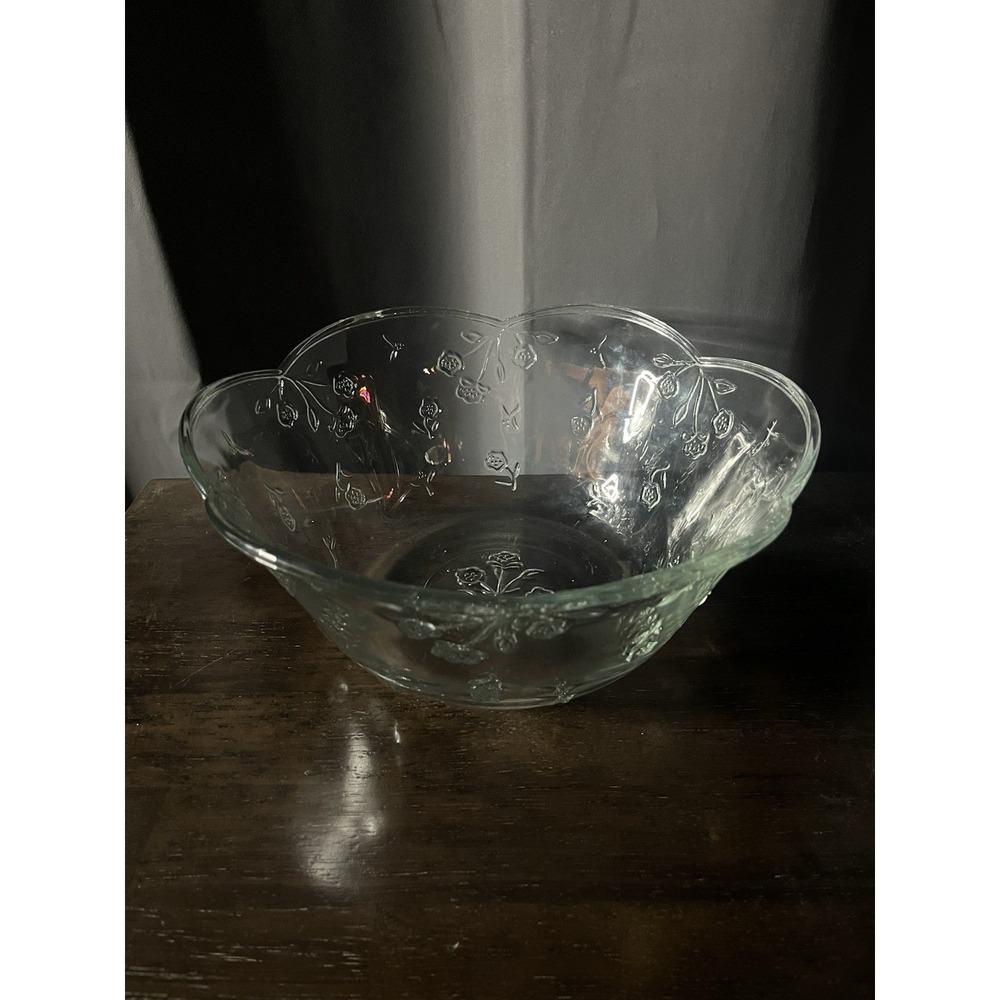 Vtg Floral Anchor Hocking Savannah Large Clear Glass Salad Serving Bowl.